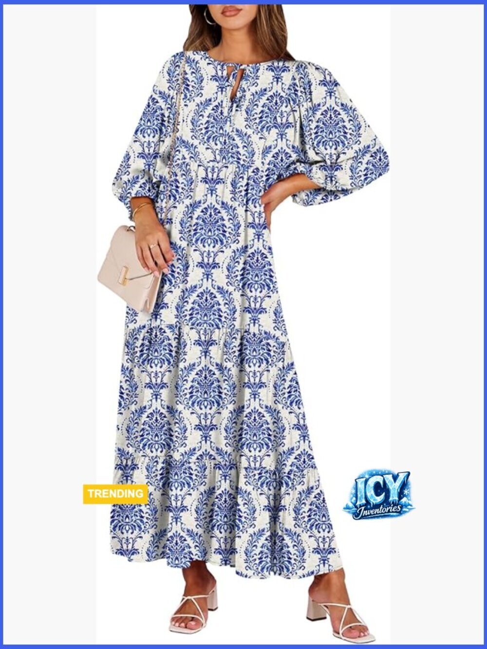 Rayon Maxi Dress with V-Neck and Puff Sleeves, Bohemian Floral Print